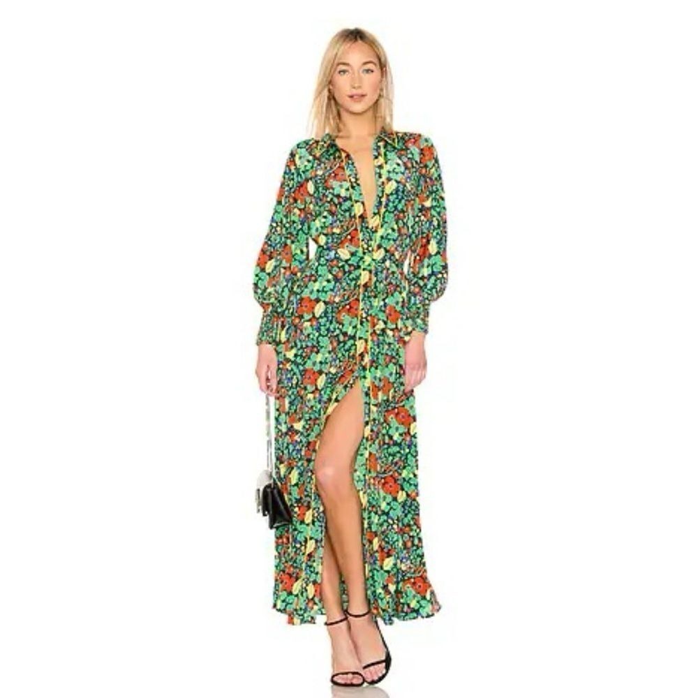 Alexis Hiroka Robe in Botanical Mandarin Small Button Front Smocked Cuff